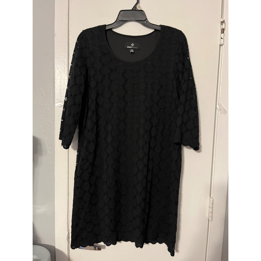 Ronni Nicole Black Lace Eyelet Shift Dress Scoop Neck 3/4 Sleeve Womens PLG